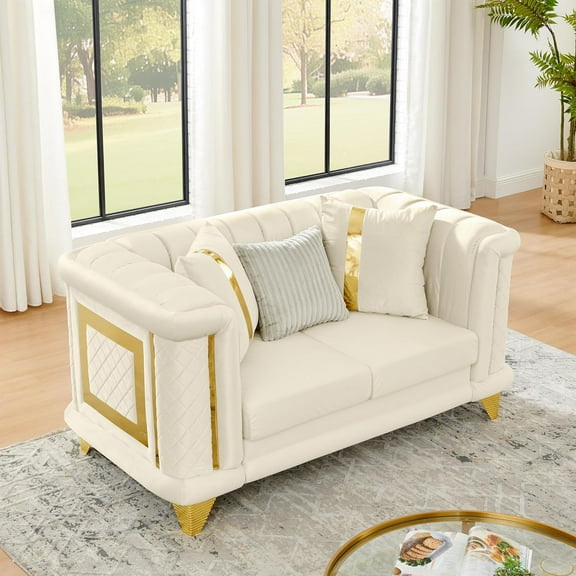 69'' Velvet Chesterfield Sofa, Modern Luxury Love Seat, Mid-Century Comfy Couch with Gold Furniture Legs, Deep seat, 3 Pillows, Upholstered Loveseat Couches for Living Room, Bedroom, Beige