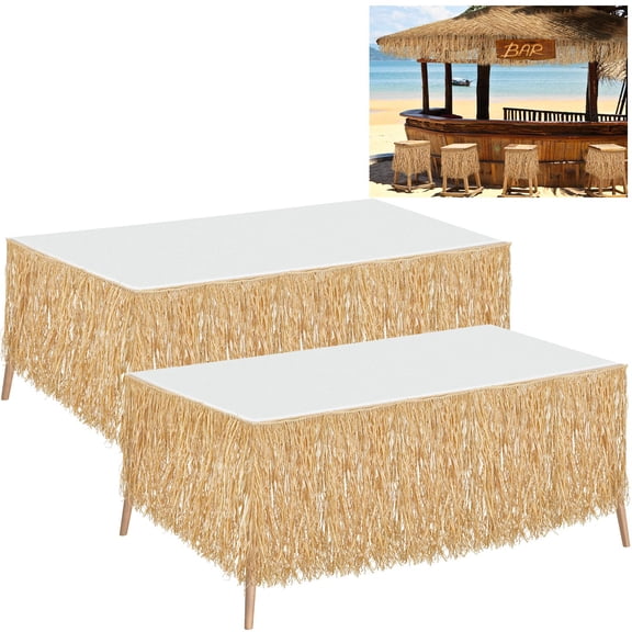 Tatuo 2 Pack Natural Raffia Table Skirt Luau Hawaiian Skirt Table Grass Beach Fringe Decoration for Tropical Birthday Party Tiki Bar, Chair, Deck, Luau Tropical Hawaiian Party (108 x 12 Inch)