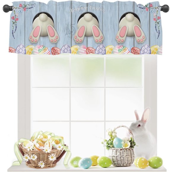 Valance Curtain for Kitchen Windows Happy Easter Cute Bunny Butt Cartoon Egg Blue Wooden Board Elegant Bathroom Window Curtain Valance Rod Pocket for Bedroom Living Room, 1 Panel