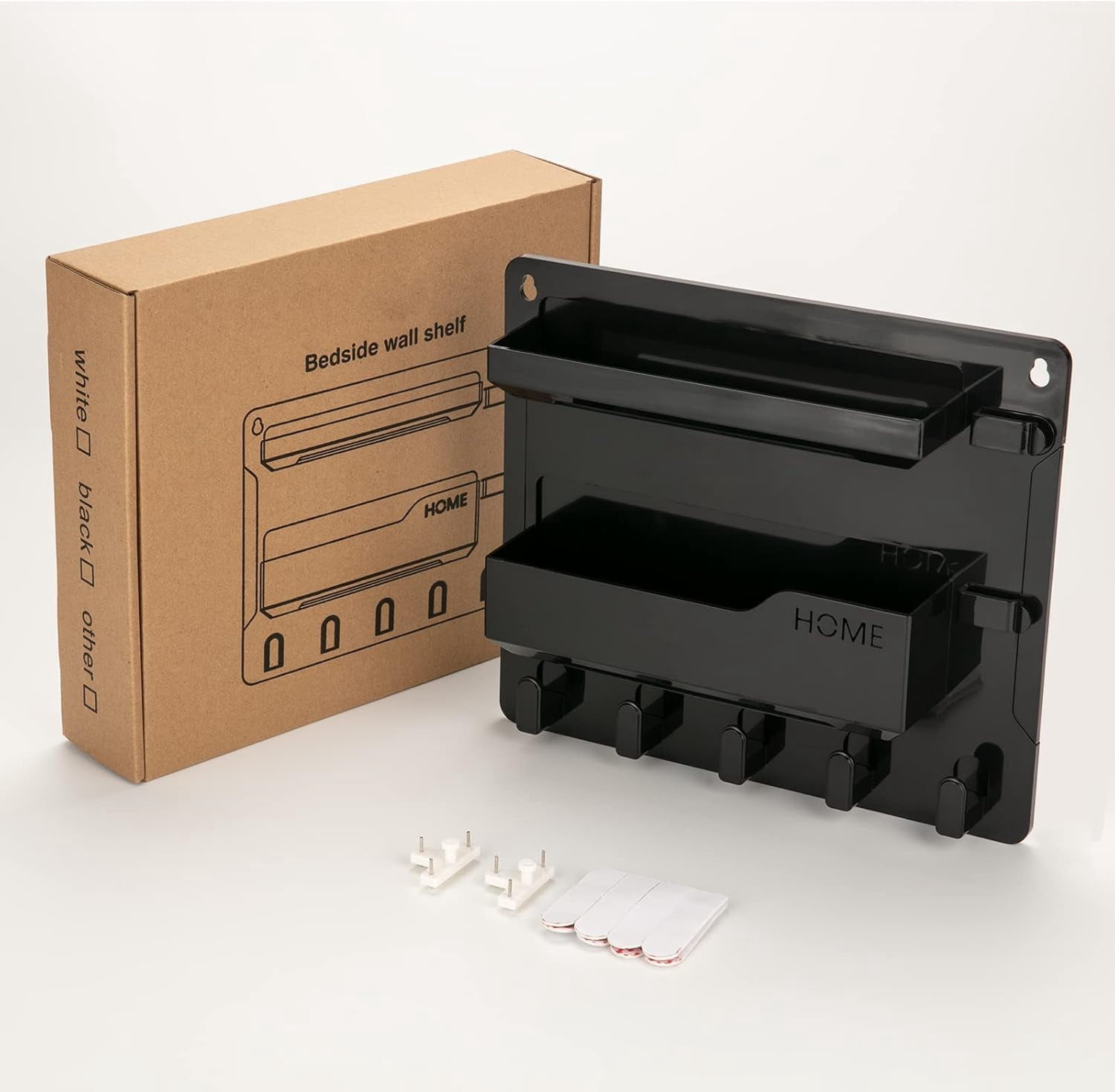 Bedside Wall Mount Shelf, Adhesive Bedside Organizer for Remote、Phone、Glasses. Bedside Accessories Storage suitable for College Dorm 、bunk bed 、 Bedroom、Rv（Black）