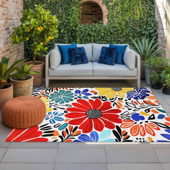 Outdoor Rug 3x5ft Abstract Red Yellow Flowers Large Area Rug Hand Drawn Floral Indoor Outdoor Carpet Outdoor Rugs Mats for Patio Camping,RV,Front Door, Outside Decor
