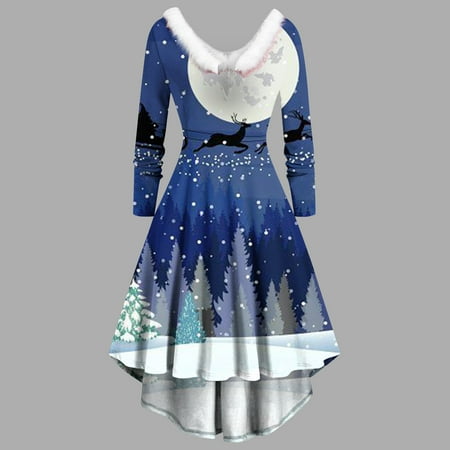 

jsaierl Christmas Dresses for Women Faux Fur V-Neck Cocktail Dress Holiday Graphic A Line Dresses Winter Party Dress Christmas Gift for Women