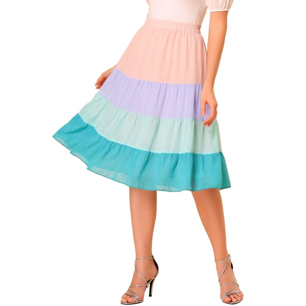 INSPIRE CHIC Falda escalonada elegante de gasa de verano con cintura elástica para mujer Rosa XL