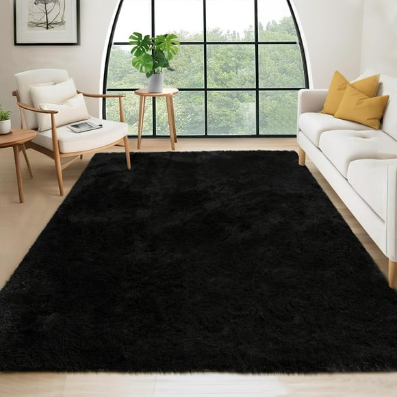Garvee 9'x12' Fluffy Area Rugs Soft Fuzzy Carpet, Non Slip Shaggy Accent Rug for Living Room Bedroom Home Decor, Black