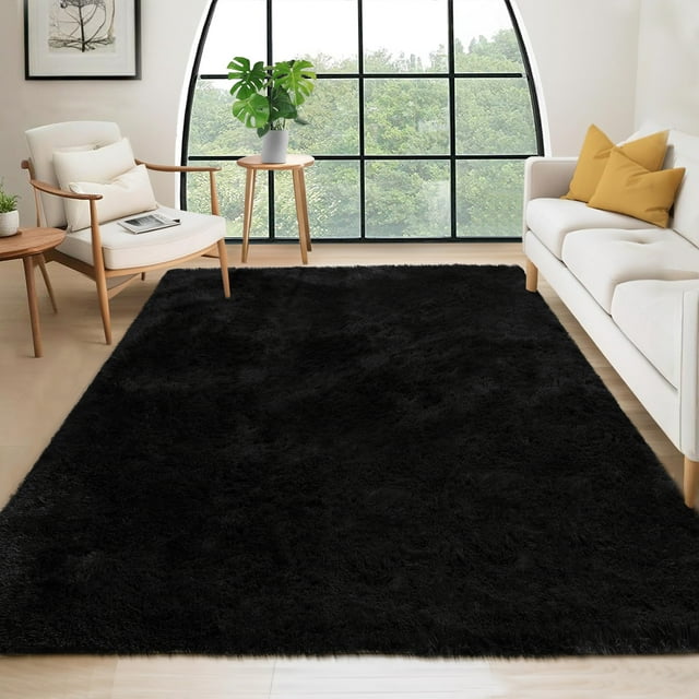Hasoo 5' x 8' Fluffy Shaggy Soft Area Rug for Living Room Dorm Home Decor Aesthetic, Black