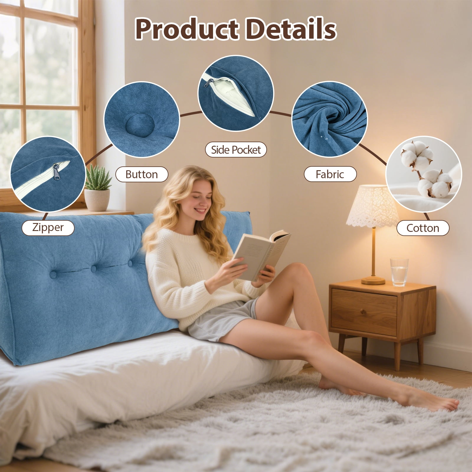 Triangular Wedge Pillow Queen, Removable Cover Headboard Pillow, Blue