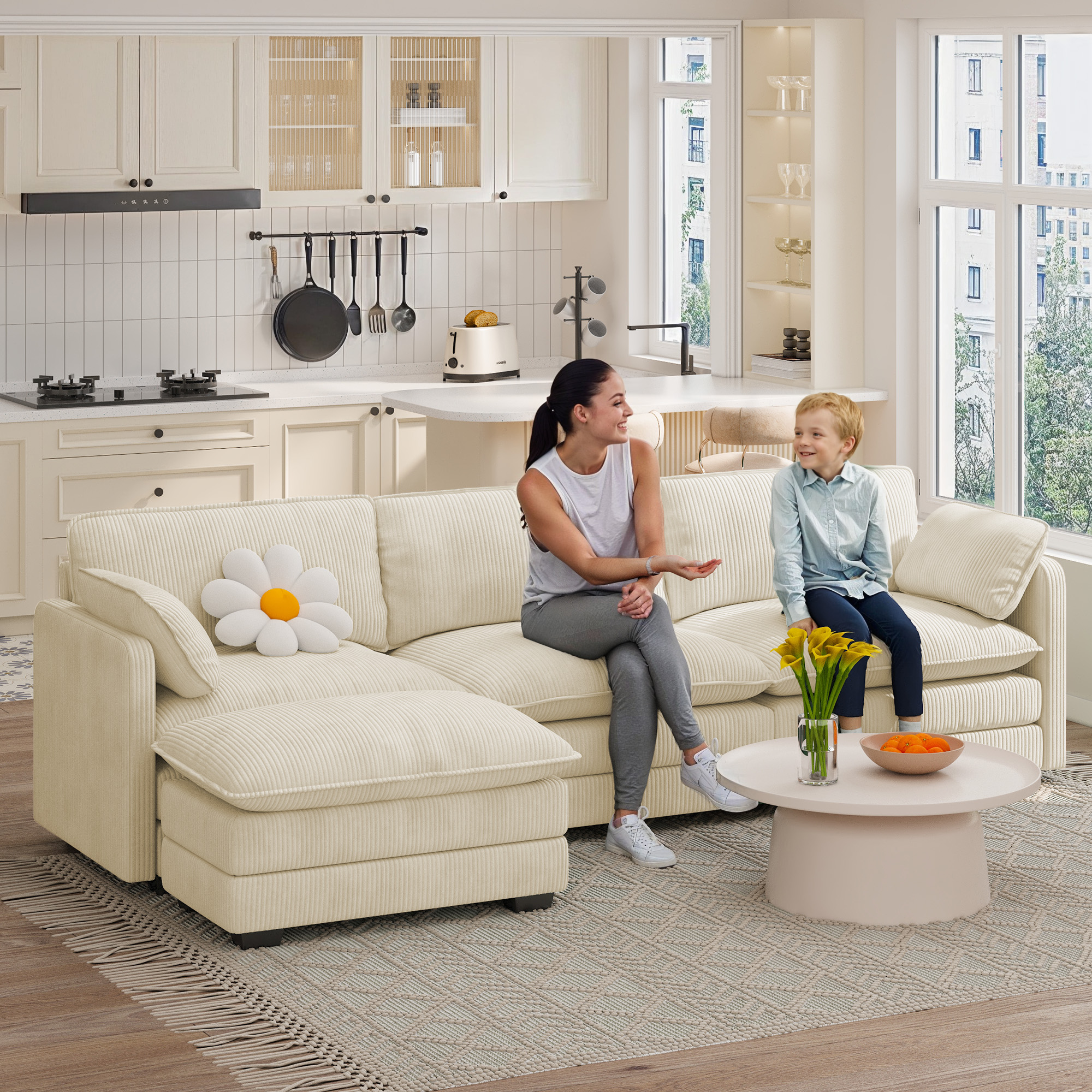 Sectional L-Shaped Sofa, Lofka Modular Comfy Cloud Sofa with Movable Ottoman and Soft Seat Cushion, 440lbs, Beige