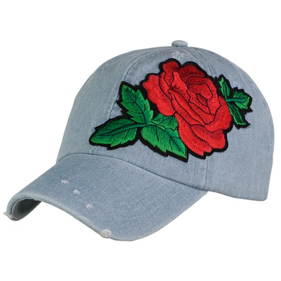 NYFASHION101 Embroidered Rose Flower Patch Adjustable Baseball Cap Hat, Lt Blue Denim