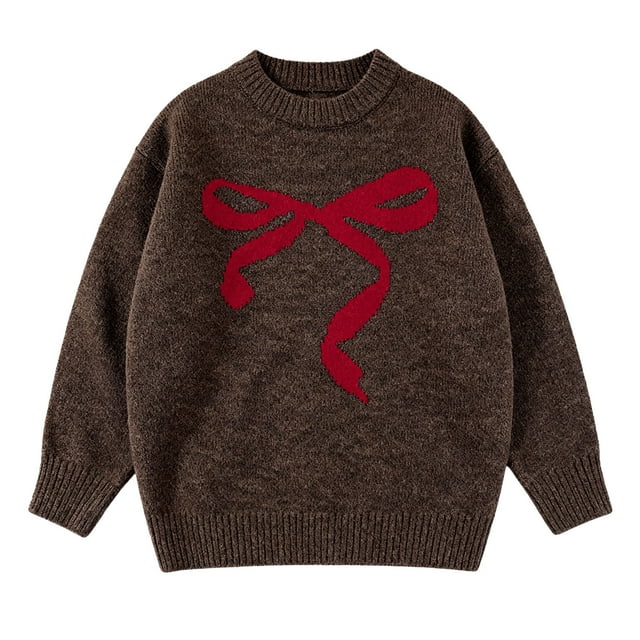 Bows for Girls, Cute Bow Thick Knit Round Neck, Girls Sweater