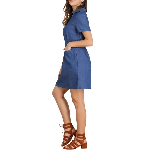 Allegra K Women's Turndown Collar Chambray Solid A-Line Shirt Dress with Pockets, Size: Medium, Blue
