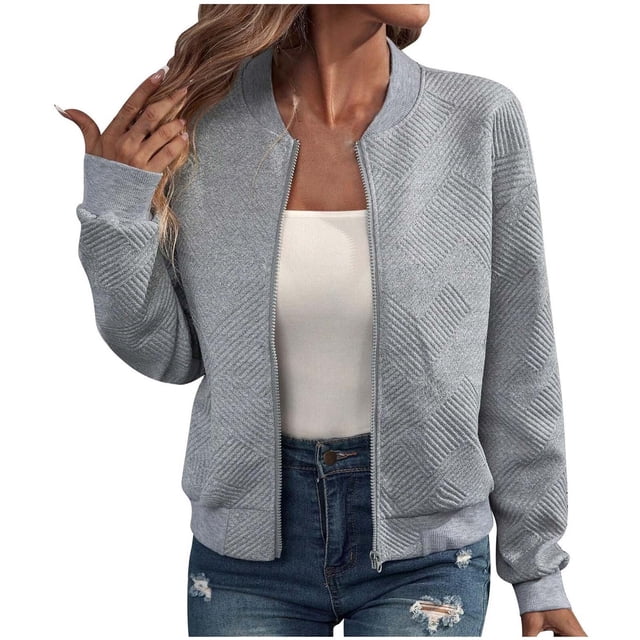 Dagegui Womens Cropped Bomber Jacket Lightweight Zip Up Jackets Fall Long Sleeve Coat with Pockets Gray M