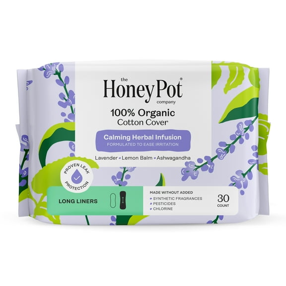 Honey Pot 100% Organic Cotton Cover Calming Herbal Infusion Long Liners, 30 Count