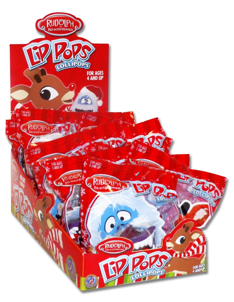 Lip Pops (12 Pack) Rudolph Red-Nosed Reindeer and Bumble Christmas Lollipops