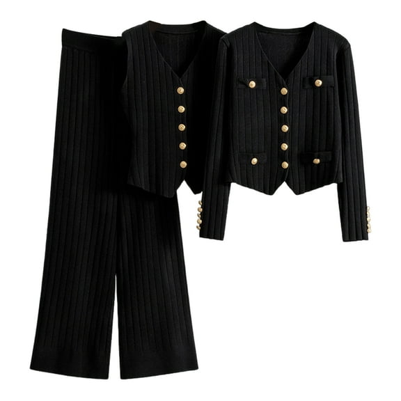 3 Pcs/Set Women Suit Vest Coat Pants Set Knitted V Neck Single-breasted Waistcoat Elastic Waist Wide Leg Long Trousers Set Formal Commuting Outfit