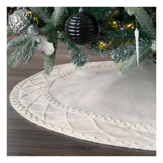 Pie de Árbol de Navidad Tejido Tipo Lana, Falda para Pino Navideño Esquimal (Hueso)