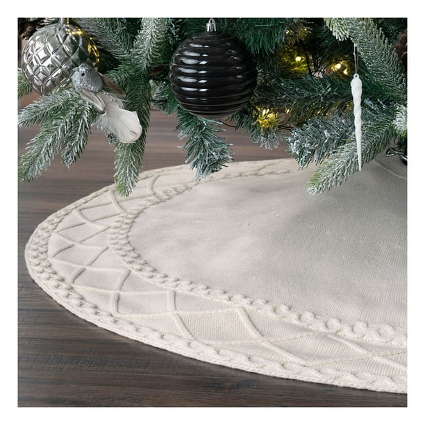 Pie de Árbol de Navidad Tejido Tipo Lana, Falda para Pino Navideño Esquimal (Hueso)