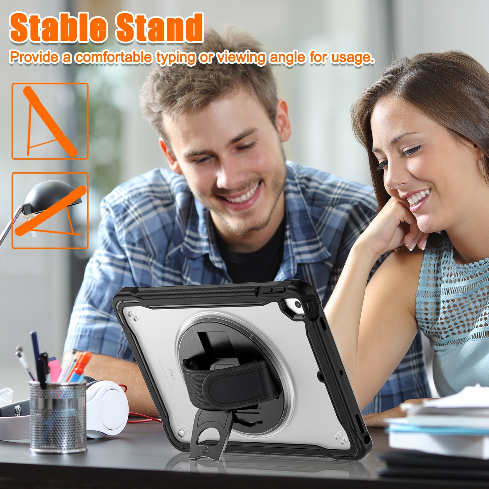 Dteck Case for iPad Air 2/iPad Pro 9.7"/iPad 5th/6th Generation,Military Grade Shockproof Silicone Protective Cover 360° Rotatable Stand- Shoulder Strap- Handle- Pencil Holder,Black