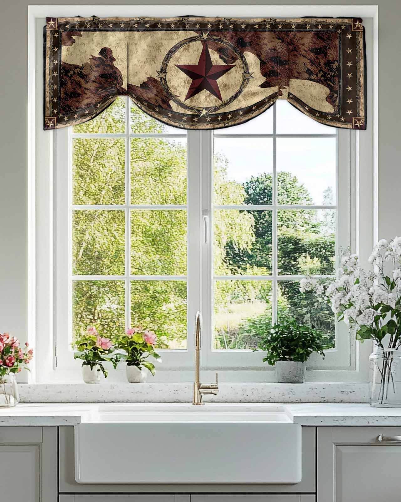 Western Texas Star Tie Up Valances Curtain, Adjustable Kitchen Brown Rustic Village Retro Red Stars Wood Grain Valances for Windows Decor, Rod Pocket Short Curtains Set for Bedroom/Bathroom, 60"x18"