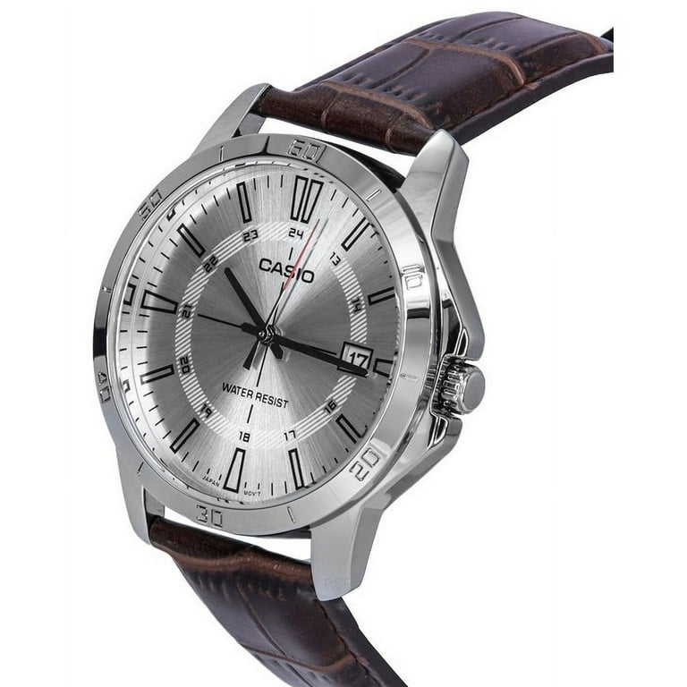 Casio Men's Watch, Analog, Brown Leather Strap, Silver Dial