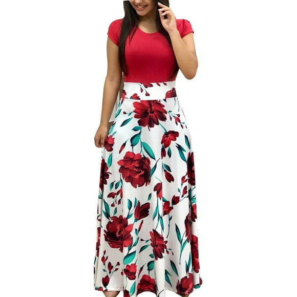 Women Round Neck Floral Print Long Sleeve Beach Dress Lady Evening Party Long Maxi Dress