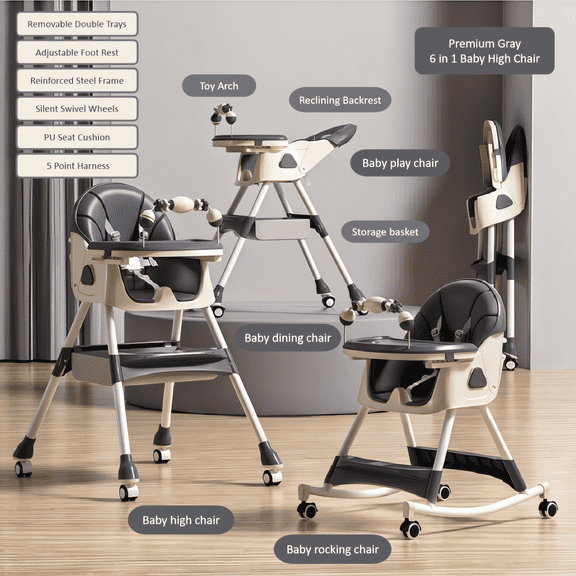 Iris Baby 6-in-1 Baby High Chair, Infant Feeding Chair, Toddler Rocking Chair, Removable Trays and Swivel Wheels for Babies & Toddlers, Unisex,Grey