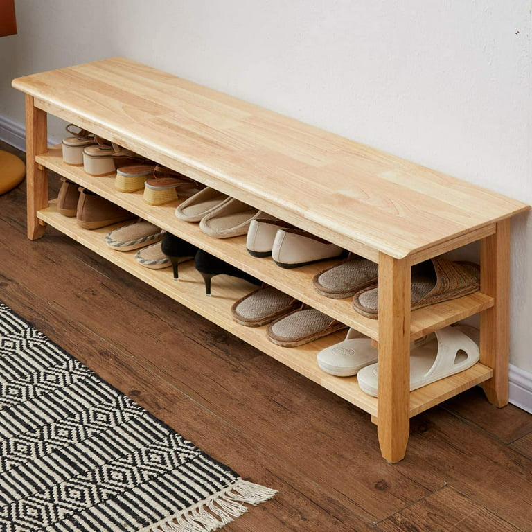 Tinytimes 47.5 inch Shoe Bench 3-Tier Wood Storage Bench Heavy Duty Wood Shoe Rack Shoe Organizer Shelf for Entryway Room-Natural, Men's, White