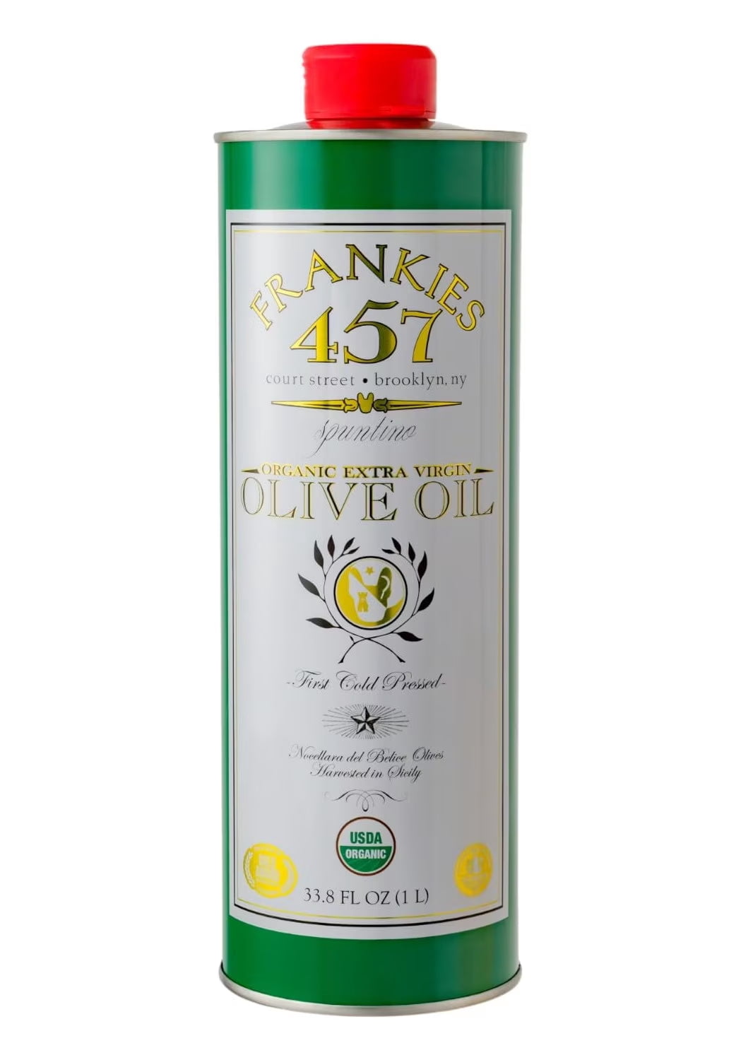 Frankies 457 Organic Extra Virgin Olive Oil - Castelvetrano Olive Oil-High Polyphenol-First Cold Pressed-Early Harvest in Sicily-Award Winning Italian EVOO -Monovarietal- 33.8 fl oz (1L)