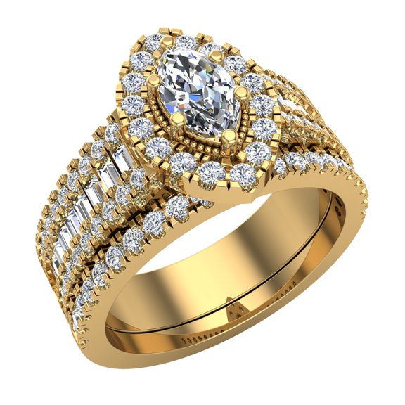 Statement Band Marquise Cut Halo Diamond Engagement Ring Baguettes 1.45 Carat Total 14K Gold