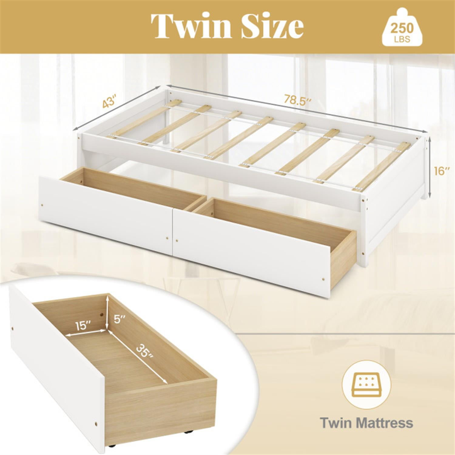 Demi Bonn Twin Size Bed Frame with 2 Drawers and Slats Support, Wooden Captain Bed for Bedroom, White