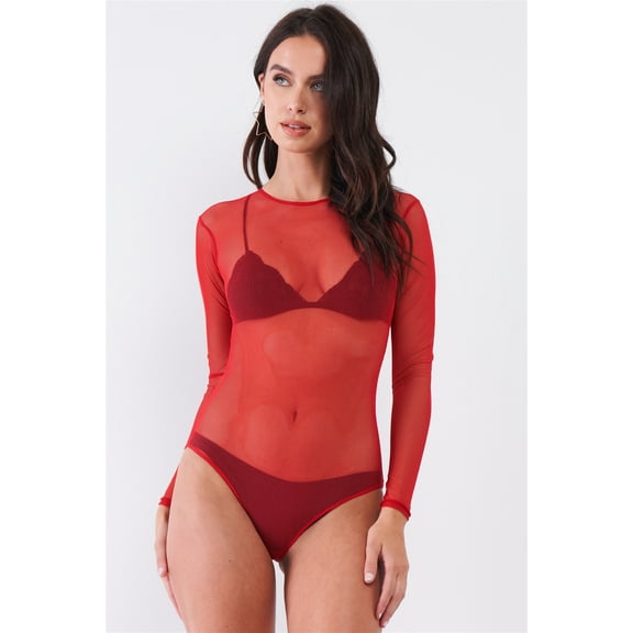 Sexy Fine Fishnet Sheer Mesh Crew Neck Long Sleeve Bodysuit