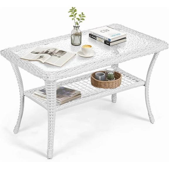 VIVIJASON Outdoor Wicker Coffee Table, All-Weather Rattan Patio Coffee Table with 2-Tier Storage, Tempered Glass Top Rectangle Center Table for Deck, Garden, Balcony, Porch, Indoor or Outdoor Use