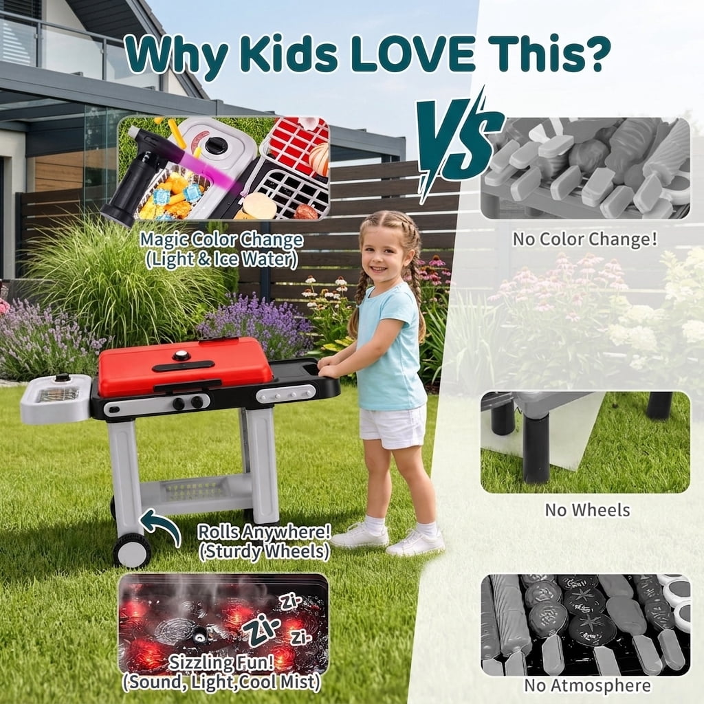 Fenbeli Kids BBQ Grill Toy with Spray Mist, Lights, Sounds and Color-Changing Play Food, Rolling Pretend Kitchen Set