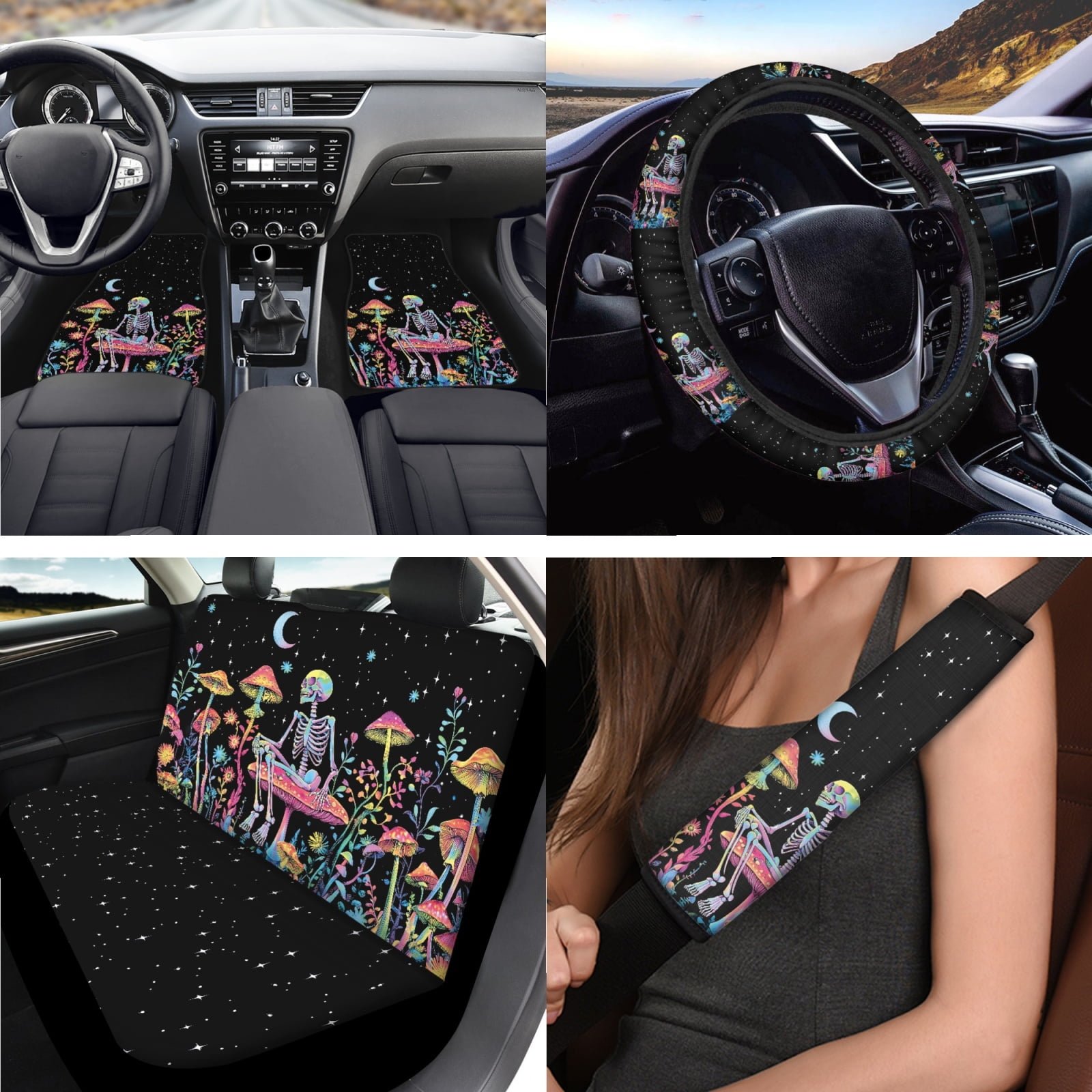 Jeiento Skull Car Seat Cover Set Car Floor Mats Steering Wheel Cover Seatbelt Cover Keychains Armrest Cover Keychain Aesthetic Mushroom Lipstick Holder 17 Pieces Auto Interior Accessories