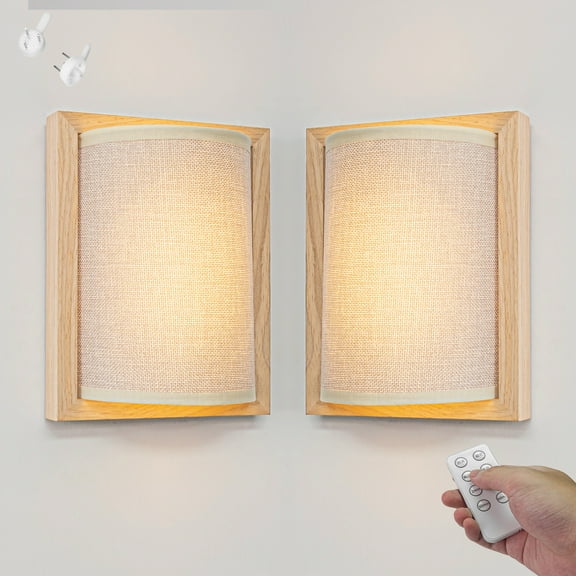 Kiven Battery Operated Wall Sconces with Remote Control,3 Colors Changing,Rechargeable Wall Sconces,Set of 2 Dimmable Wall Lighting for Wall Decor, Brown Fabric