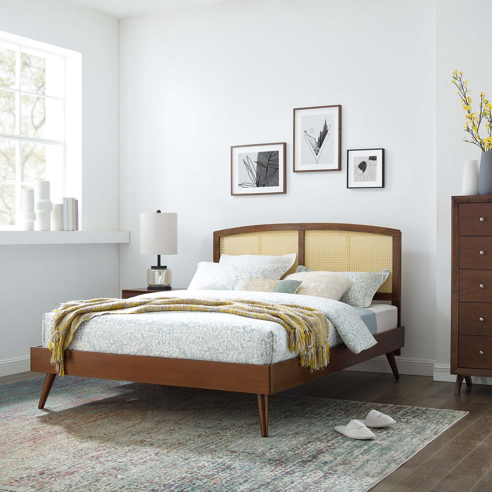 Platform Bed Frame, King Size, Wood, Brown Walnut, Modern Contemporary Urban Design, Bedroom Master Guest Suite