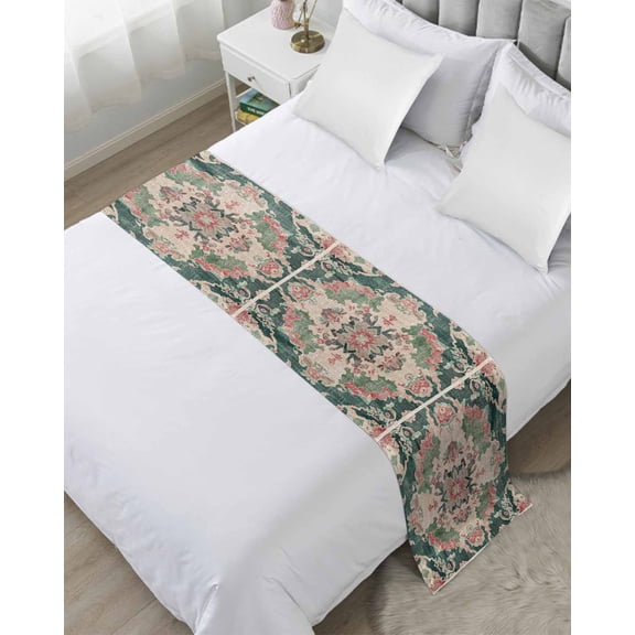 Bed Runner Scarf for Cal.King Size Bed, Pink Green Boho Beds Scarf Throws for Foot of Bedding, Abstract Medieval Vintage Ethnic Floral Decorative Beds Runners for Bedroom Guestroom, 102"x20"