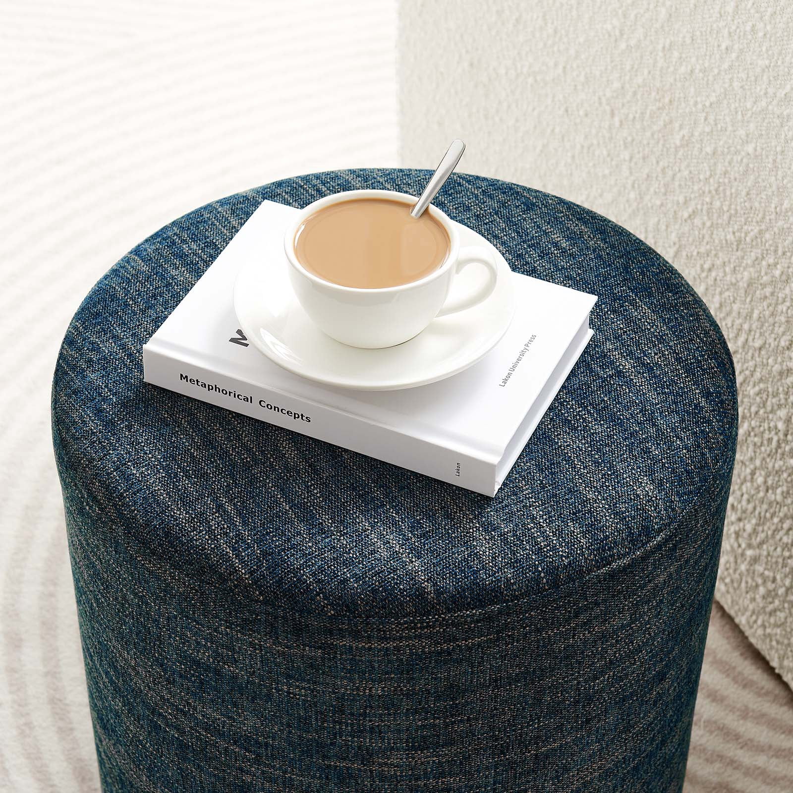 Callum 16" Round Woven Heathered Fabric Ottoman in Heathered Weave Azure