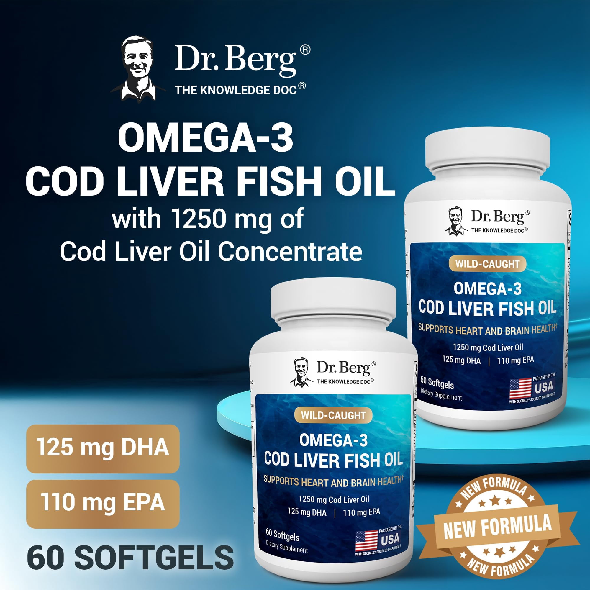 Dr. Berg Omega-3 Cod Liver Oil Softgels – 1250 mg Fish Oil with EPA DHA, Natural Lemon Flavor, 60 Count