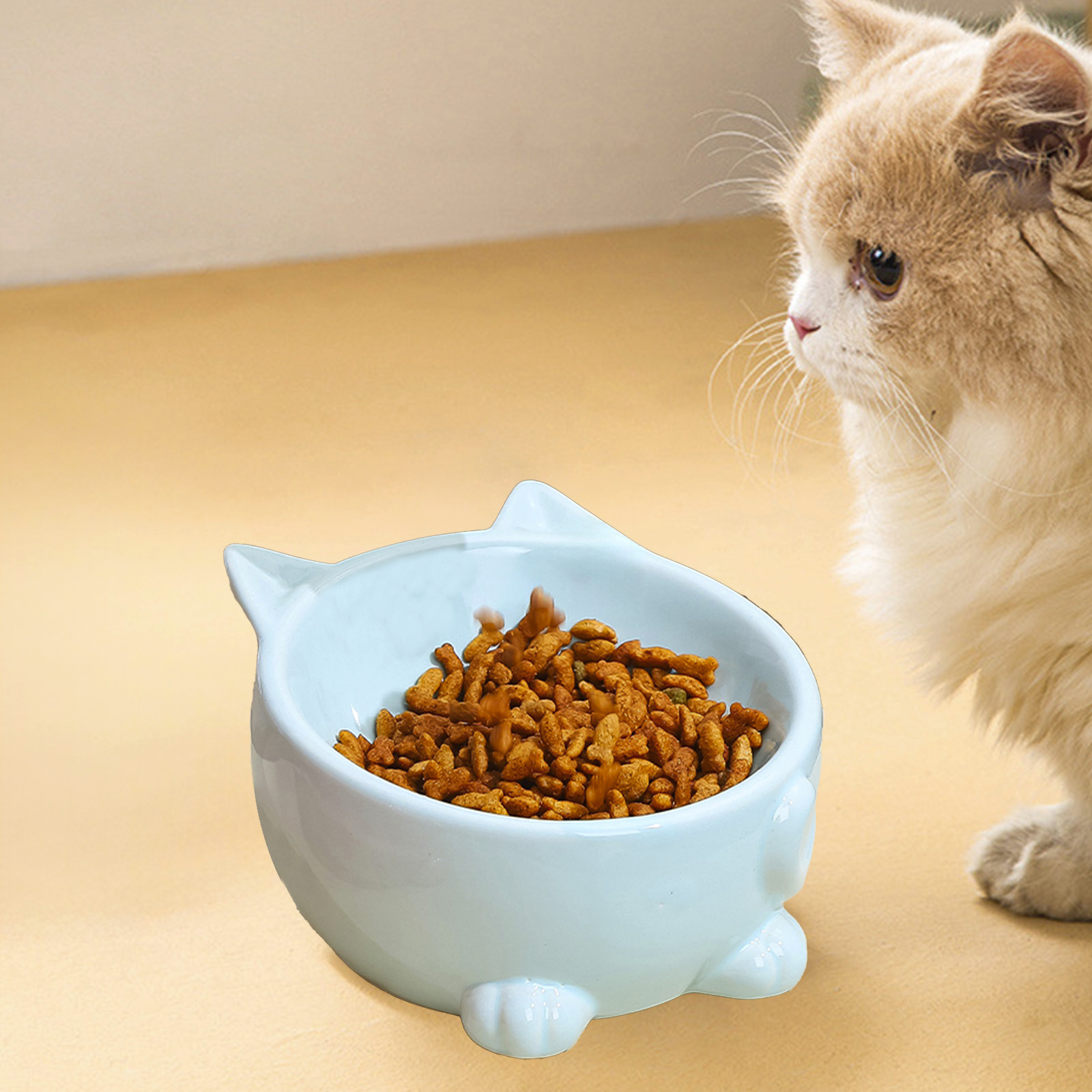 Elevated Cat Food Bowl Ceramic Raised Pet Feeding Bowl 14.7 cm x 14 cm x 9 cm Beige 500 g