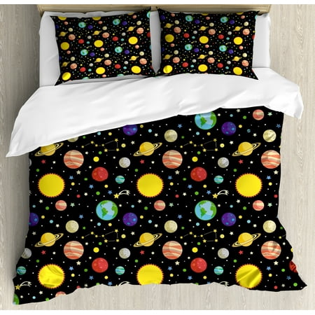 Space Duvet Cover Set, Comets and Constellations Stars with Polka Dots Earth Sun Saturn Mars Solar System, Decorative Bedding Set with Pillow Shams, Multicolor, by Ambesonne