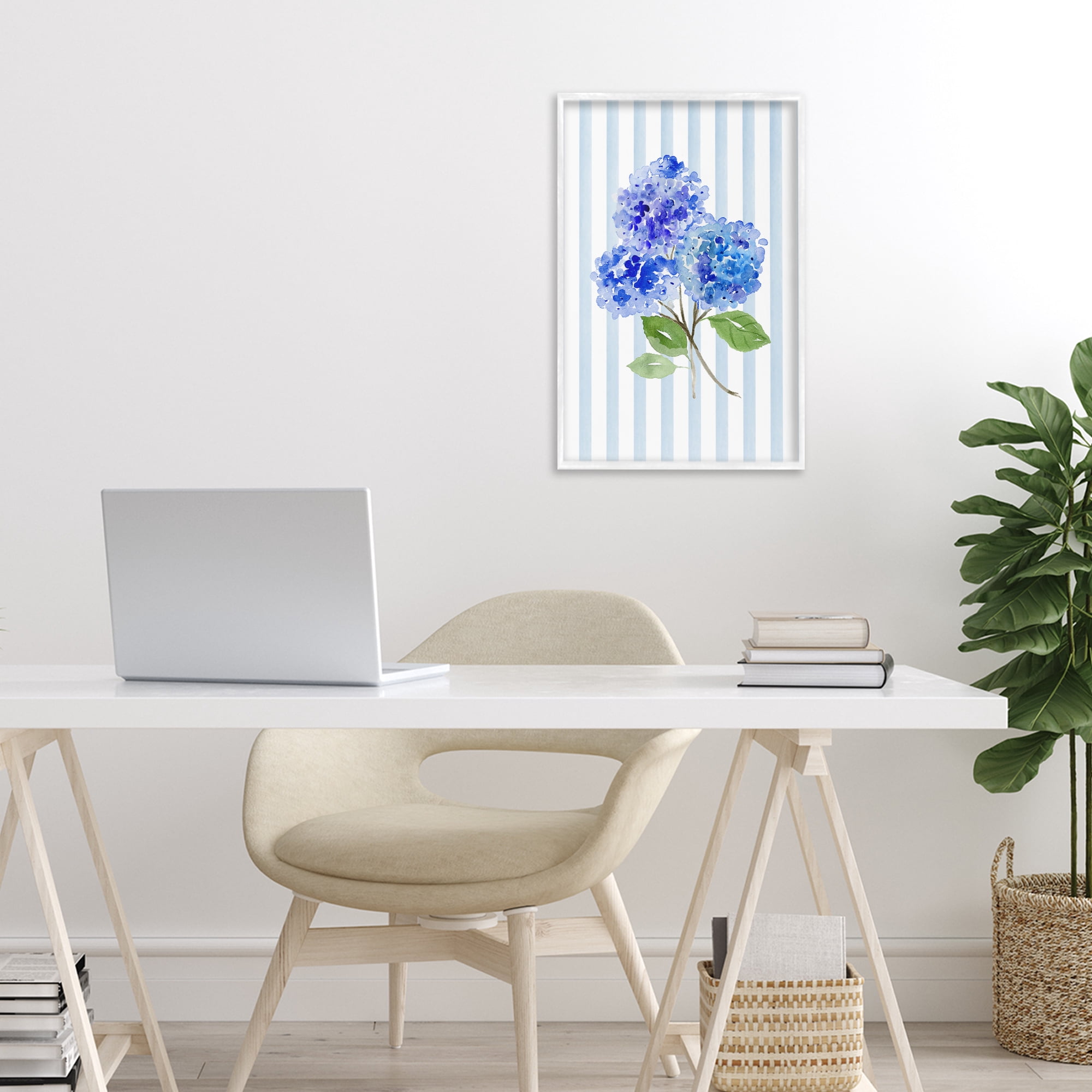 Stupell Industries Blue Hydrangeas over Stripes White Framed Giclee Art, design by Corinne Haig