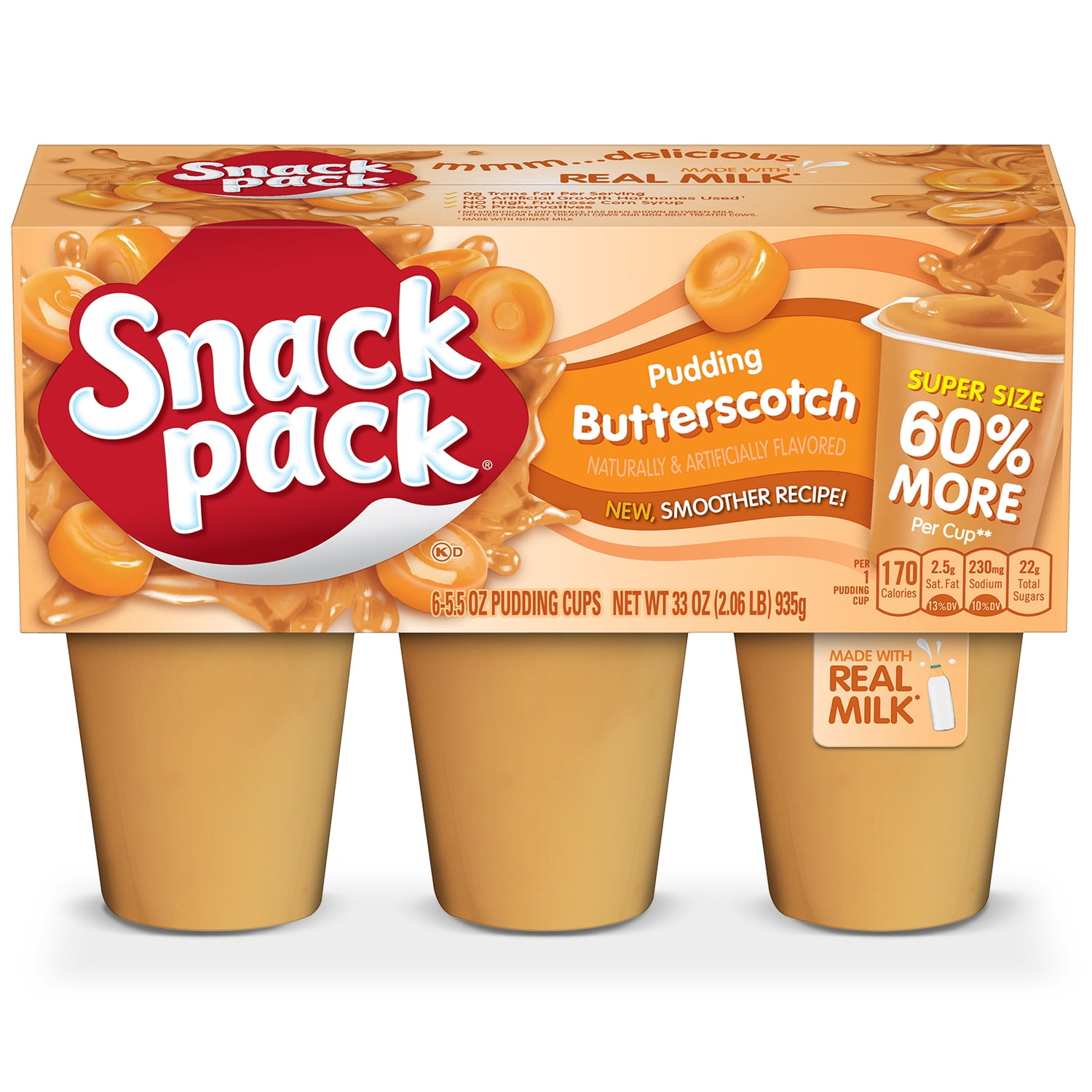 Snack Pack Butterscotch Pudding Cups, Made with Real Milk, Super Size, 5.5 Oz, 6 Pack