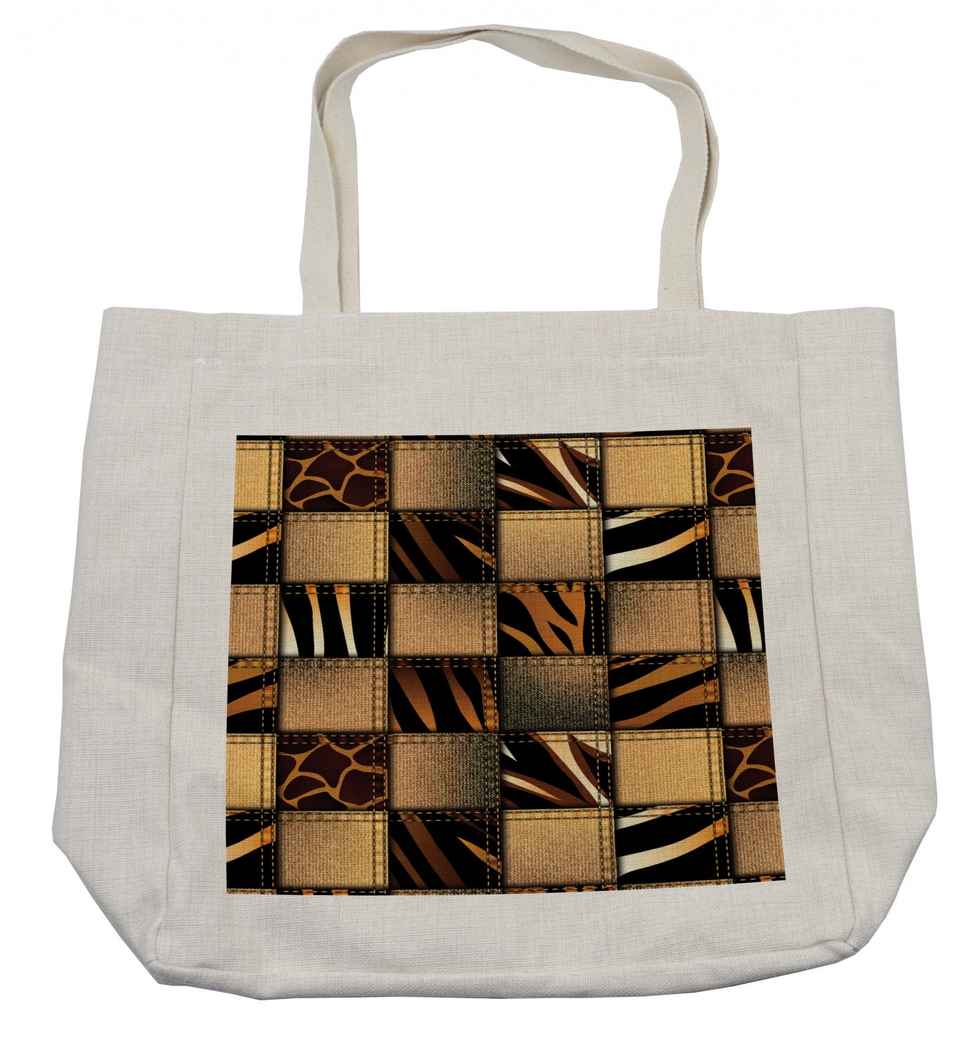 Safari Shopping Bag, Jeans Denim Patchwork in Safari Style Wilderness Design Art Print, Eco-friendly Reusable Bag for Groceries Beach and More, 15.5