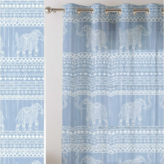 Vargottam Blue Elephant Print Sheer Curtains for Short Windows - Set of 2 Panels, 63", Grommet Top, Printed Georgette, Light Filtering Drapes for Kitchen or Bedroom