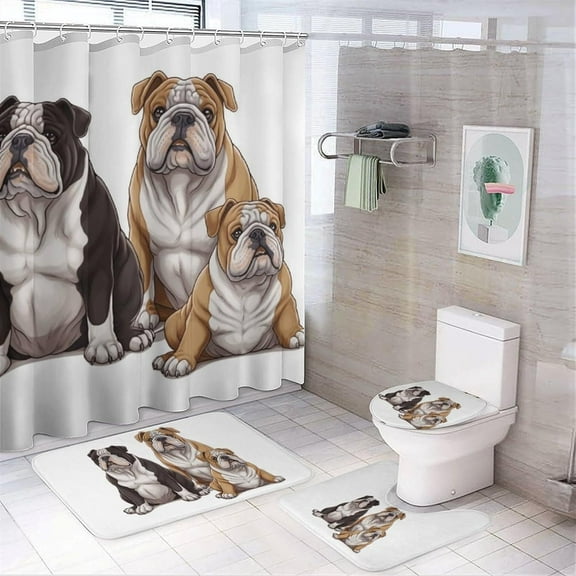 Bath Rug Set 4 Piece English Bulldogs Print 4 Piece Bathroom Rug Set,Four Piece Bathroom Sets Including Shower Curtain Sets and Hooks