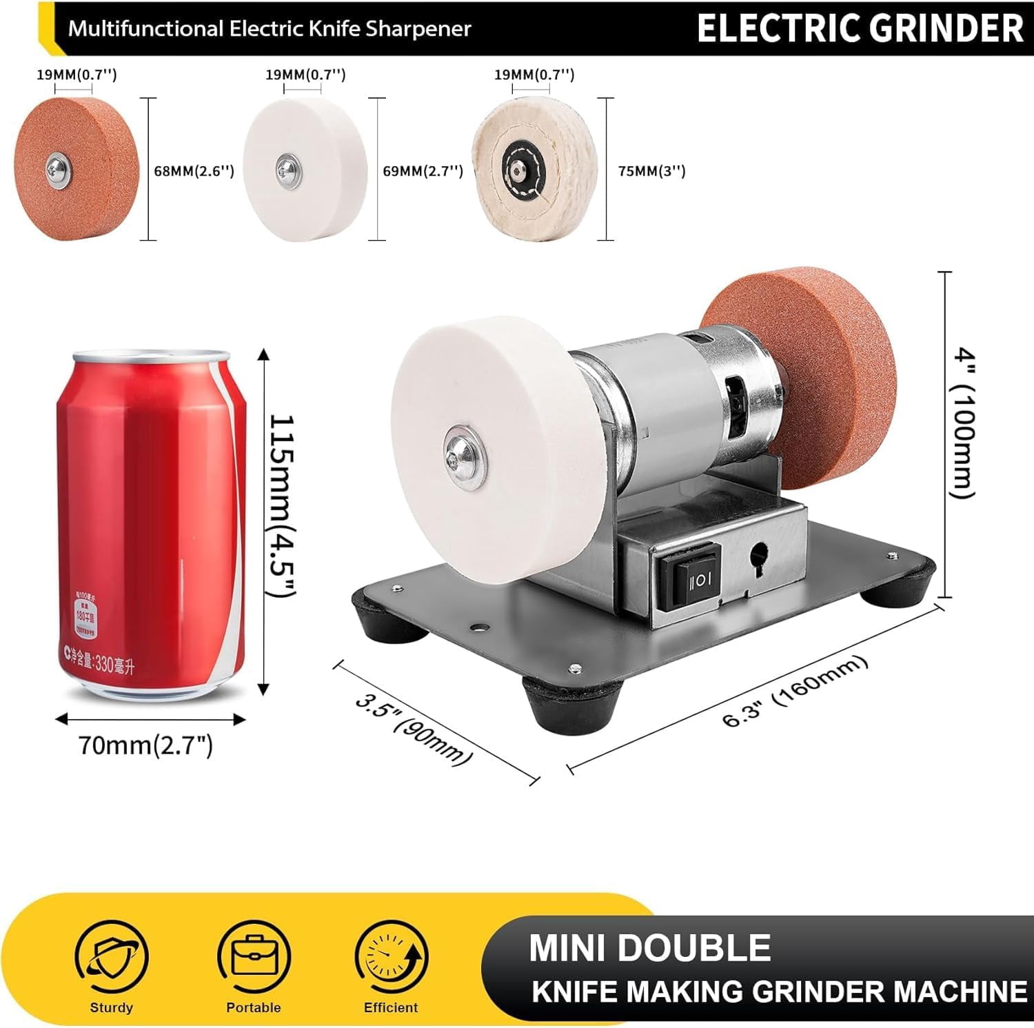 Mini Bench Grinder with 3 Wheels, Electric Multi-Purpose Grinding Machine for Metal, Wood, Knife Making, Jewelry Buffing, 6.3 x 3.5 inch Base