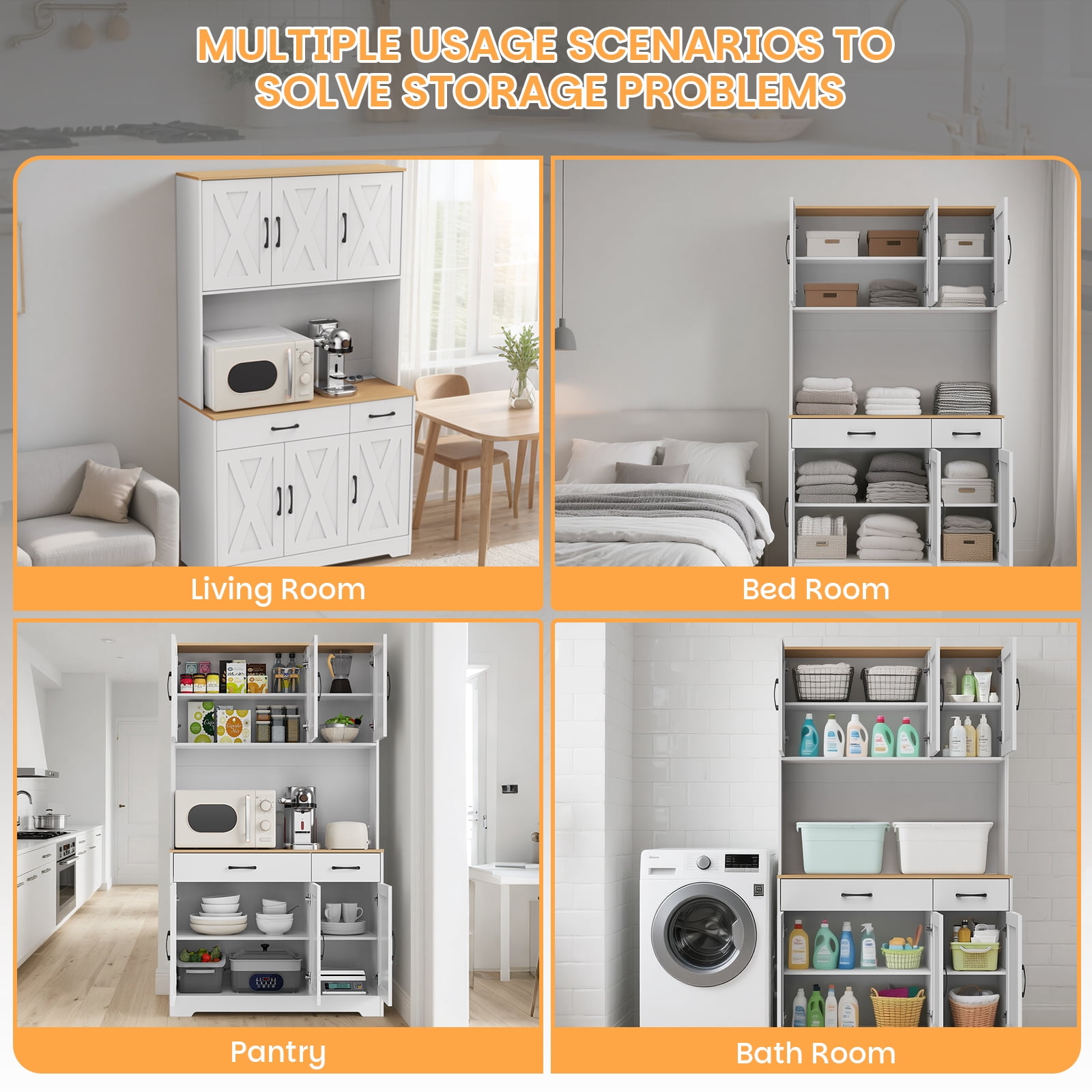 67" Tall Kitchen Pantry Cabinet with Charging Station, Farmhouse Hutch with Microwave Stand & Drawers for Dining Room & Living Room Storage，White