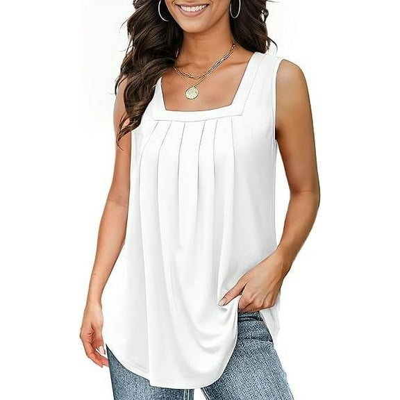 Versatile, fashionable, square-neck gathered pleat swing tank top for women, loose-fitting, casual, and comfortable