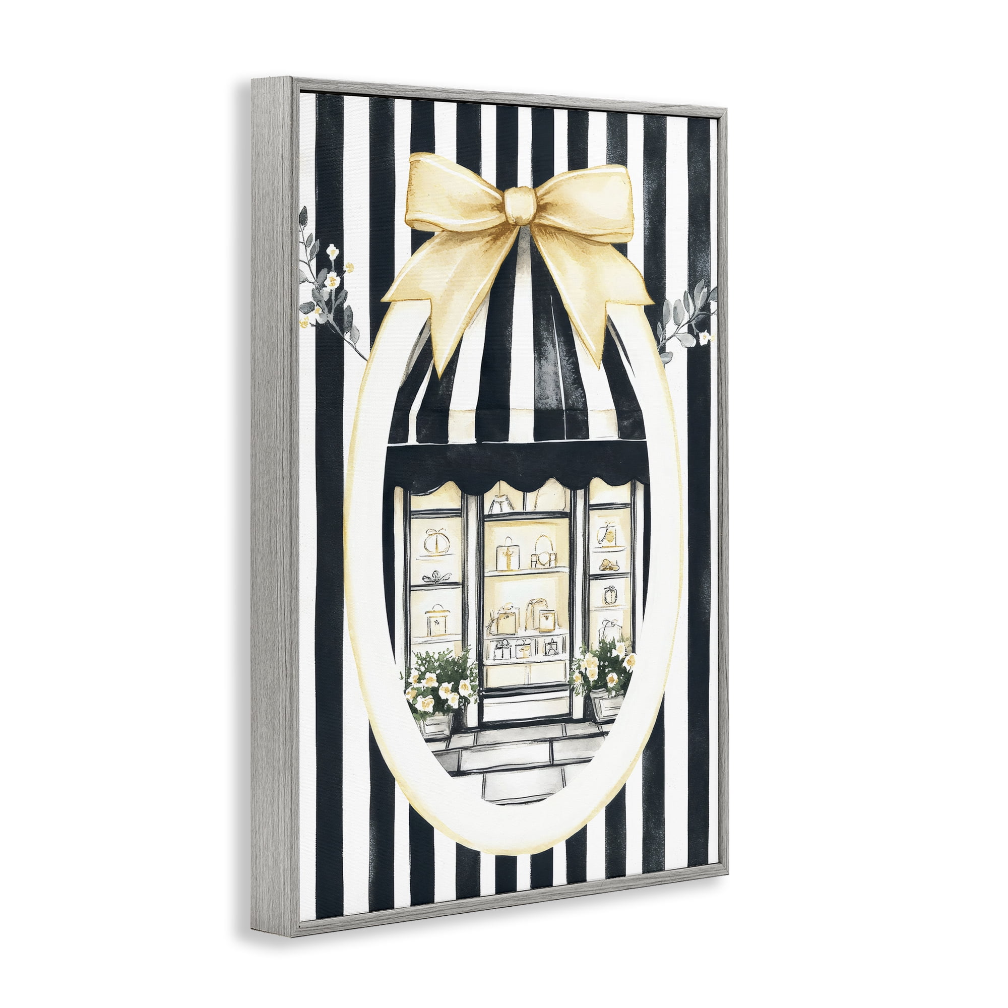 Stupell Industries Maison Striped Boutique Window Gray Framed Giclee Art, design by Petal Prints Design
