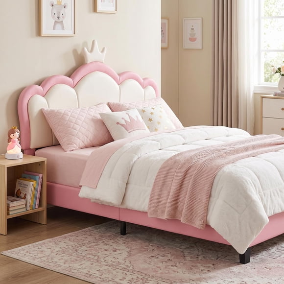Homy Casa Full Size Upholstered Princess Bed with Crown Headboard, Pink PU Platform Bed for Kids, Sturdy Frame, Easy Assembly